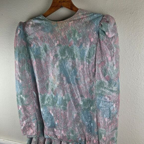Women's Vintage Judy Hornby Drop Waist Pastel Ruffle Lace Dress Size 14 - Picture 5 of 13